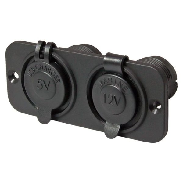 Double flush frame black with USB 2.4A and 12V socket