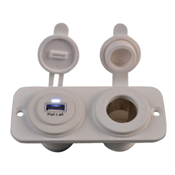Double flush frame white with USB 2.4A and 12V socket