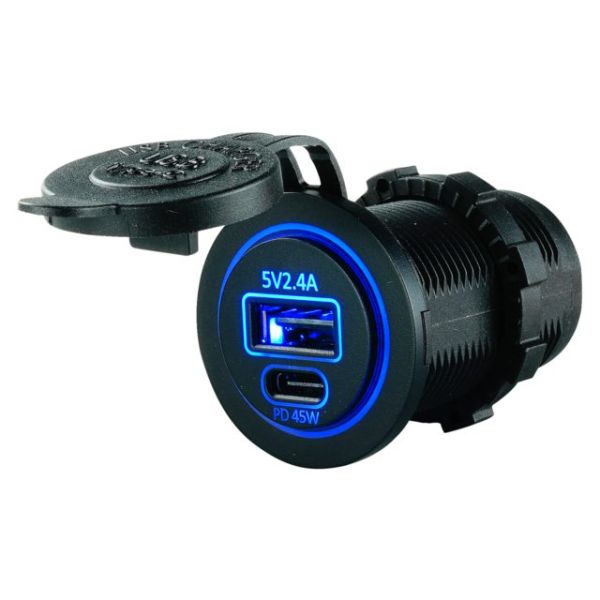 USB-Buchse 1x USB-A 2,4A und 1x USB-C PD 45W Schnellladegerät